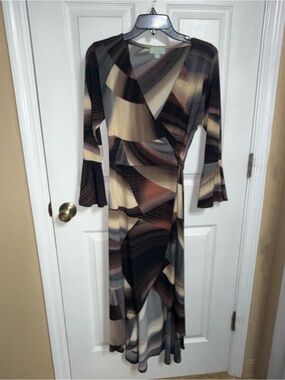 Veronica M Abstract Wrap Midi Dress in Brown, Cream and Black
